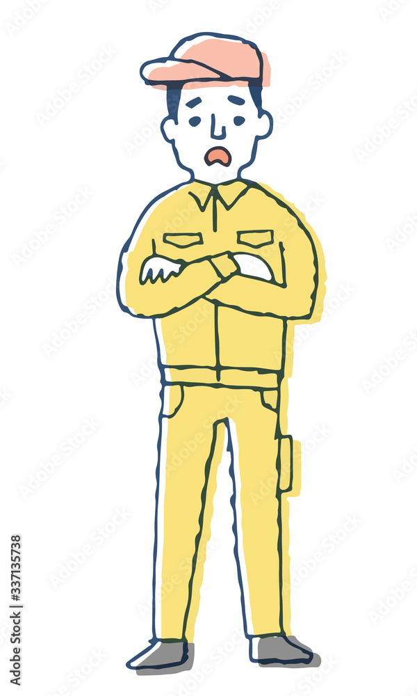 困っている表情の作業服の男性
