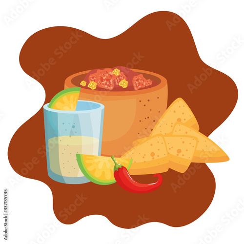 Mexican bowl nachos chilli and tequila shot with lemon design, Mexico culture tourism landmark latin and party theme Vector illustration