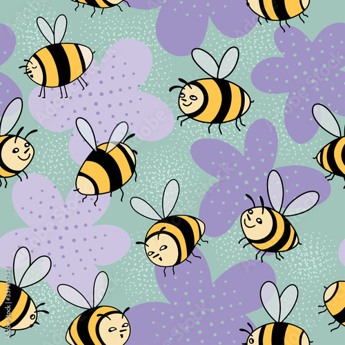 Seamless pattern with funny bees in cartoon technique. Cute insects fly over the meadow with flowers. Vector illustration for print, banner, textile, Wallpaper, fabric, etc © YULIA