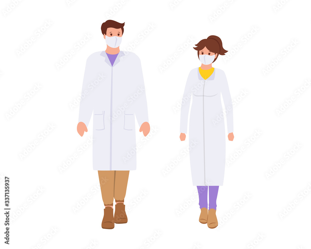 Coronavirus Covid 19, doctors in a white coat and medical mask. Flat cartoon style. Scientists man and woman facemask. Paramedics are protected from virus, flu. Stop pandemic. Vector illustration