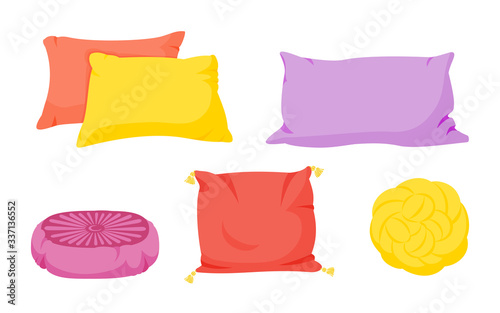 Colored pillow flat cartoon set. Home interior textile. Pillows square, knot with tassels, pillow pouffe mockup template. Feather, bamboo eco fabric. Colorful cushion design. Vector illustration