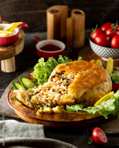 Принти на полотні azerbaijani rice dish shah pilaf flatbread crust filled with rice meat and peas