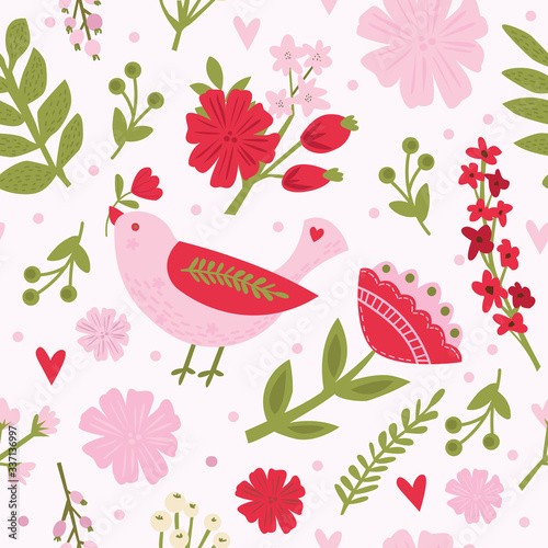 Provence seamless vector cute bird pattern with wild poppy flower in a flat style. Floral fabric animal, summer illustration on a white background.