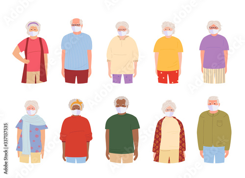 Coronavirus Covid 19  old people white medical face mask. Flat cartoon style. International older people wearing masks. grandmother grandfather protected virus  flu  stop pandemic. Vector illustration