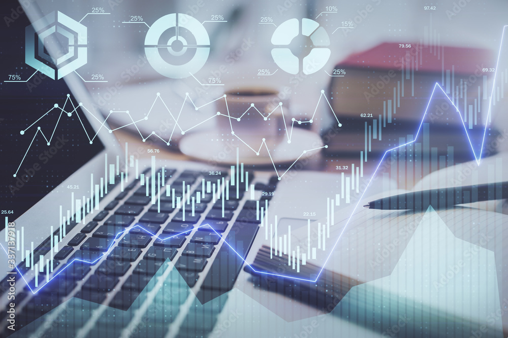 Double exposure of financial chart drawing and desktop with coffee and items on table background. Concept of forex market trading Double exposure of financial chart drawing and desktop with coffee and items on table background. Concept of forex market trading