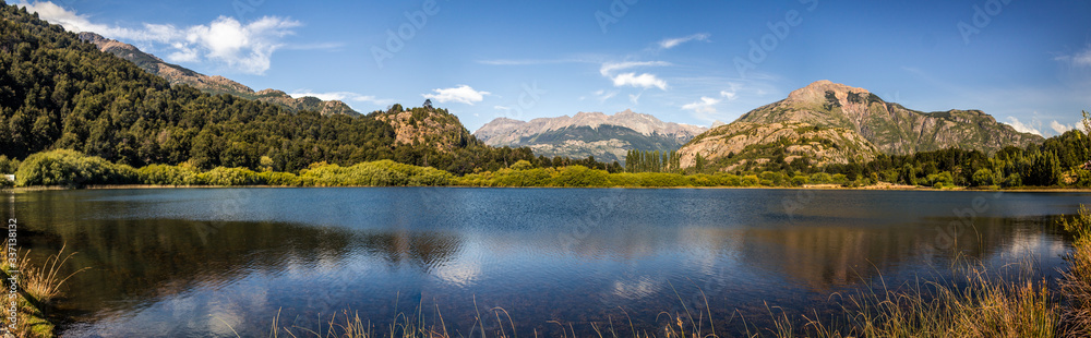 lake and mountains, mirror lake panoramic, futaleufu, chilean patagonia, chile