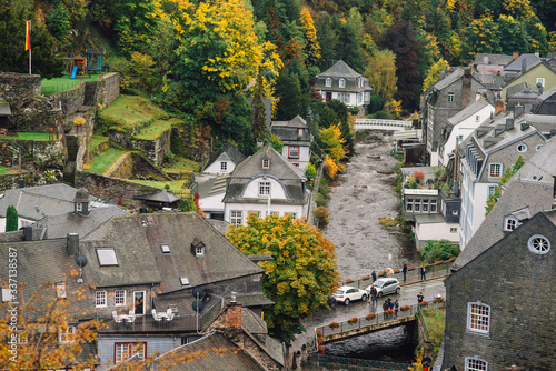 cloudy autumn panorama of the old city. Monschau, Germany.