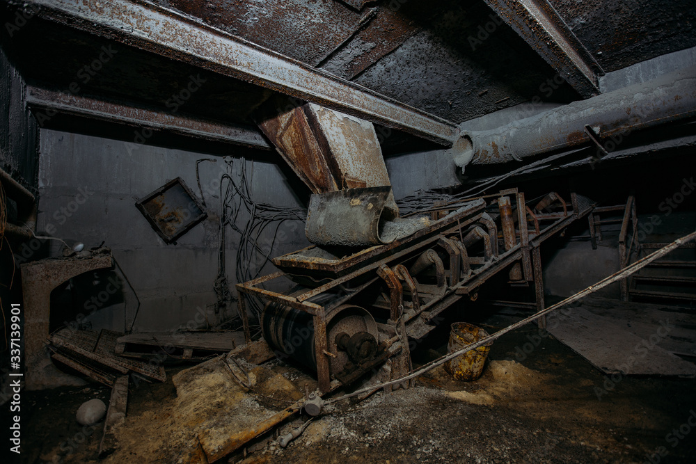 Abandoned cement and concrete factory. Old conveyor