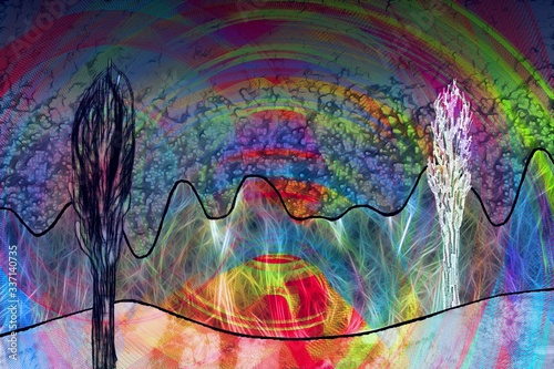 very colorful surrealistic landscape with two trees on a meadow