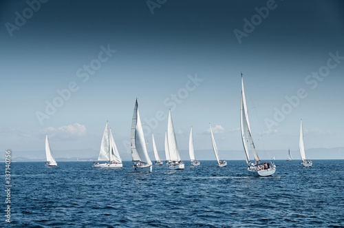The race of sailboats, a sail regatta, reflection of sails on water, Intense competition, number of boat is on aft boats, Bright colors, island is on background