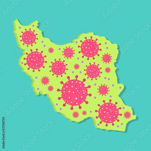 Viral epidemic in Iran. Map of Iran with virus. Coronavirus epidemic in iranian country. Conceptual.