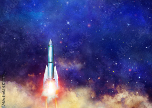 Rocket starts into space. To the moon. Business concept. Trading сoncept. Attractive background with cosmic space, starry night, clouds and full moon in vintage style. © DaniLana