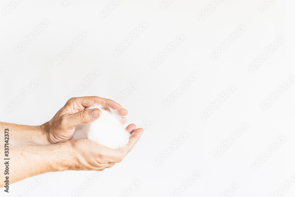 a man hands washing his hands with soap bubble cleaning hands wash off germs virus plain white background a man hands washing his hands with soap bubble cleaning hands wash off germs virus plain white background