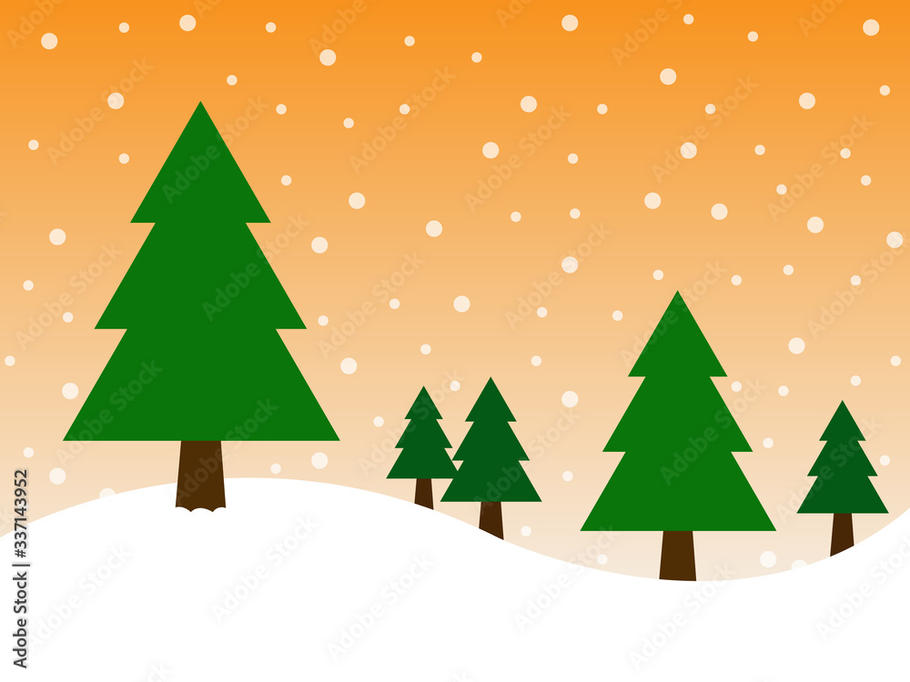 Christmas tree on snow and orange background in merry christmas festival. Illustration EPS10