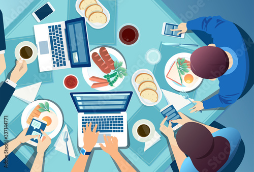 Vector of a group of people a family sitting at table using their smart phones, and mobile gadgets