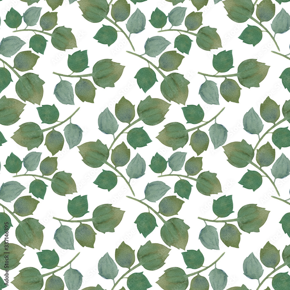 Hand painted green leaves. Watercolor leaves on isolated background, seamless pattern. Art illustration