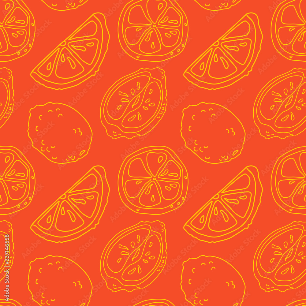 Yellow line lemon pieces on orange backdrop. Citric seamless pattern for wrapping paper, sleeper, bath tile, apparel or bed linen. Phone case or cloth print. Minimal style stock vector illustration Yellow line lemon pieces on orange backdrop. Citric seamless pattern for wrapping paper, sleeper, bath tile, apparel or bed linen. Phone case or cloth print. Minimal style stock vector illustration