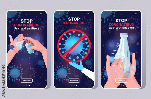 set basic protective measures against coronavirus protect yourself from 2019-nCoV healthcare concept smartphone screens horizontal copy space vector illustration