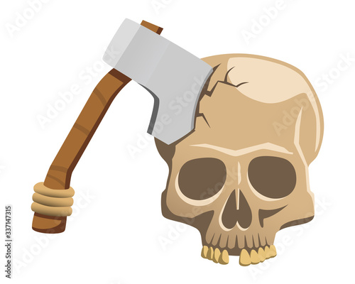 Vector illustration of an axe in a human cracked skull with a missing tooth isolated on a white background. Can represent a headache, war, history, prehistory, conquest, aggressiveness.