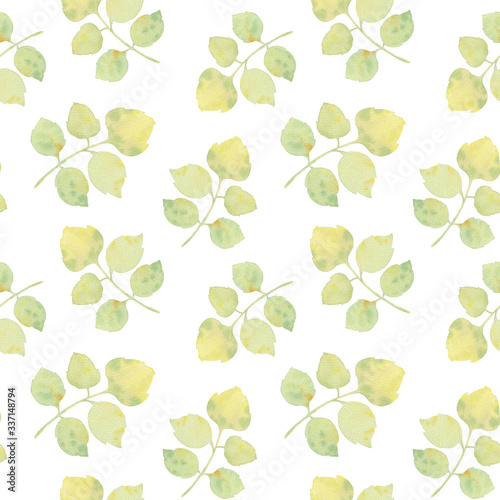 For postcards. Green leaves painted in watercolor. Seamless botanical pattern. Watercolor illustration with bright leaves. for printing and paper packaging