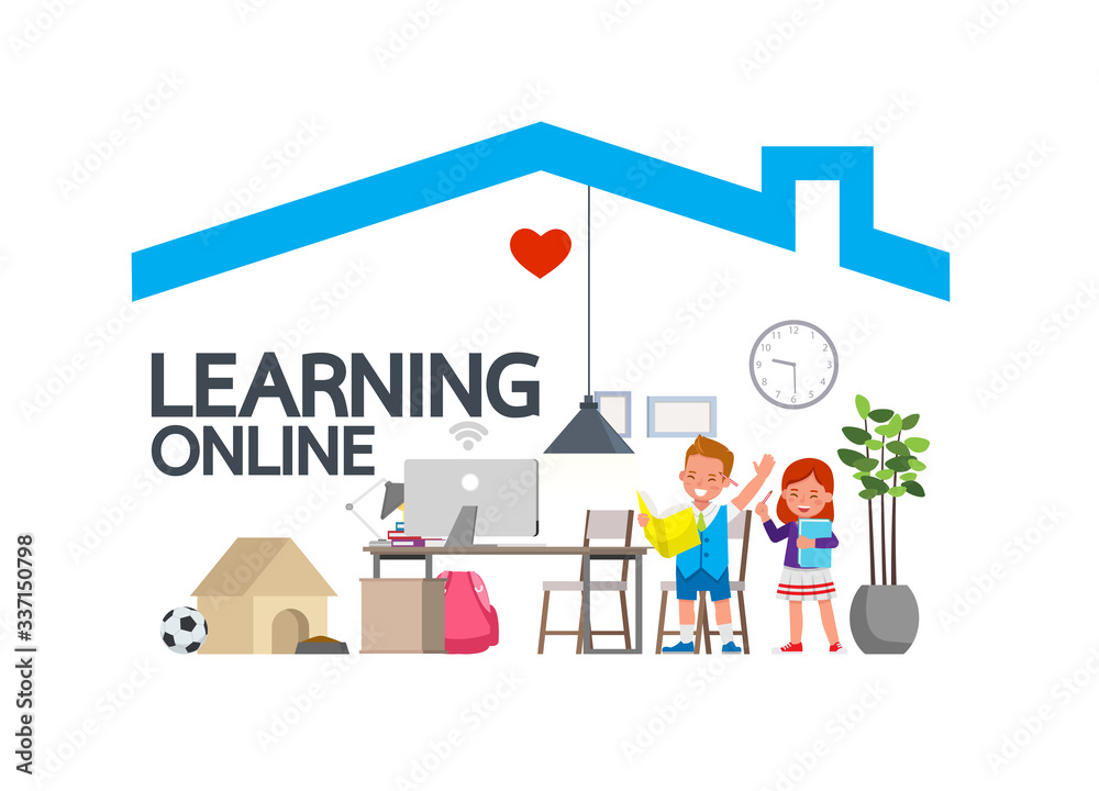 Distance learning online education classes for children during coronavirus. Social distancing, self-isolation and stay at home concept. Kid character vector design. Distance learning online education classes for children during coronavirus. Social distancing, self-isolation and stay at home concept. Kid character vector design.