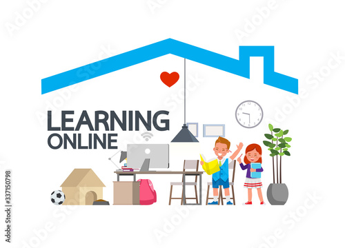 Distance learning online education classes for children during coronavirus. Social distancing, self-isolation and stay at home concept. Kid character vector design.