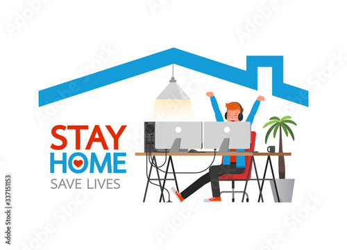 Stay home during the coronavirus epidemic. Social distancing, self-isolation concept. Man working at home. Character vector design.
