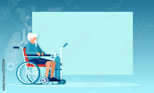 Vector of a senior woman with COPD sitting in a wheelchair receiving oxygen therapy