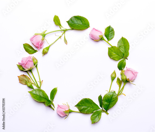 Round frame of delicate flowers. Pink roses isolated on white background