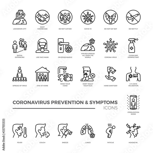 Corona virus prevention and symptoms line icon template. Contains such Icons as Washing Instruction, Antiseptic, social distancing, stay at home and more.