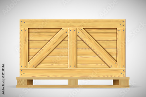 Wood large box for heavy delivery. Warehouse storage crate for import and export. Timber cargo realistic mockup on white background. Loaded lumber pack for logistic