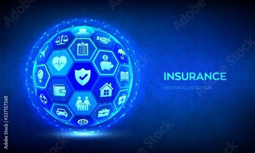 Insurance Services Concept. Car, travel, family and life, real estate, education, intellectual property, financial and health insurance. Abstract 3D sphere or globe with icons. Vector illustration.