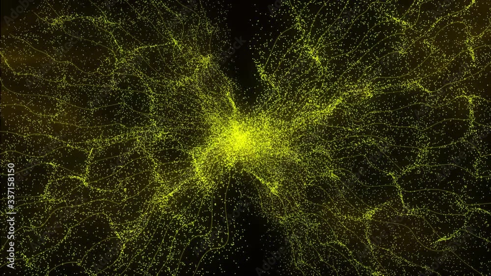 Yellow particles at black background, graphics waves moving. Looped 3d animation in slow motion.