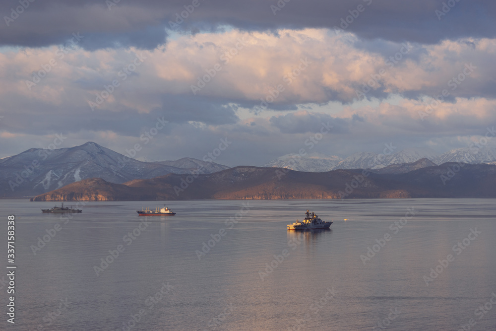 Seascape with ships in Avacha Bay, Kamchatka Seascape with ships in Avacha Bay, Kamchatka