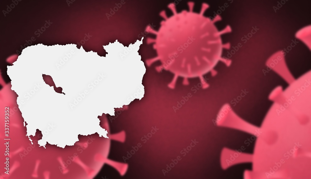 Cambodia  corona virus update with  map on corona virus background,report new case,total deaths,new deaths,serious critical,active cases,total recovered,virus spread  Wuhan China to worldwide,outbreak
