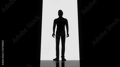 Abstract man in dark concrete interior with glowing doorway. Business Concept. Male  enters a dark room, to illustrate concept of unknown. 3d rendering © MIKHAIL