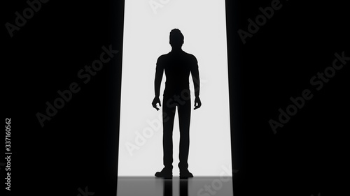 Abstract man in dark concrete interior with glowing doorway. Business Concept. Male enters a dark room, to illustrate concept of unknown. 3d rendering