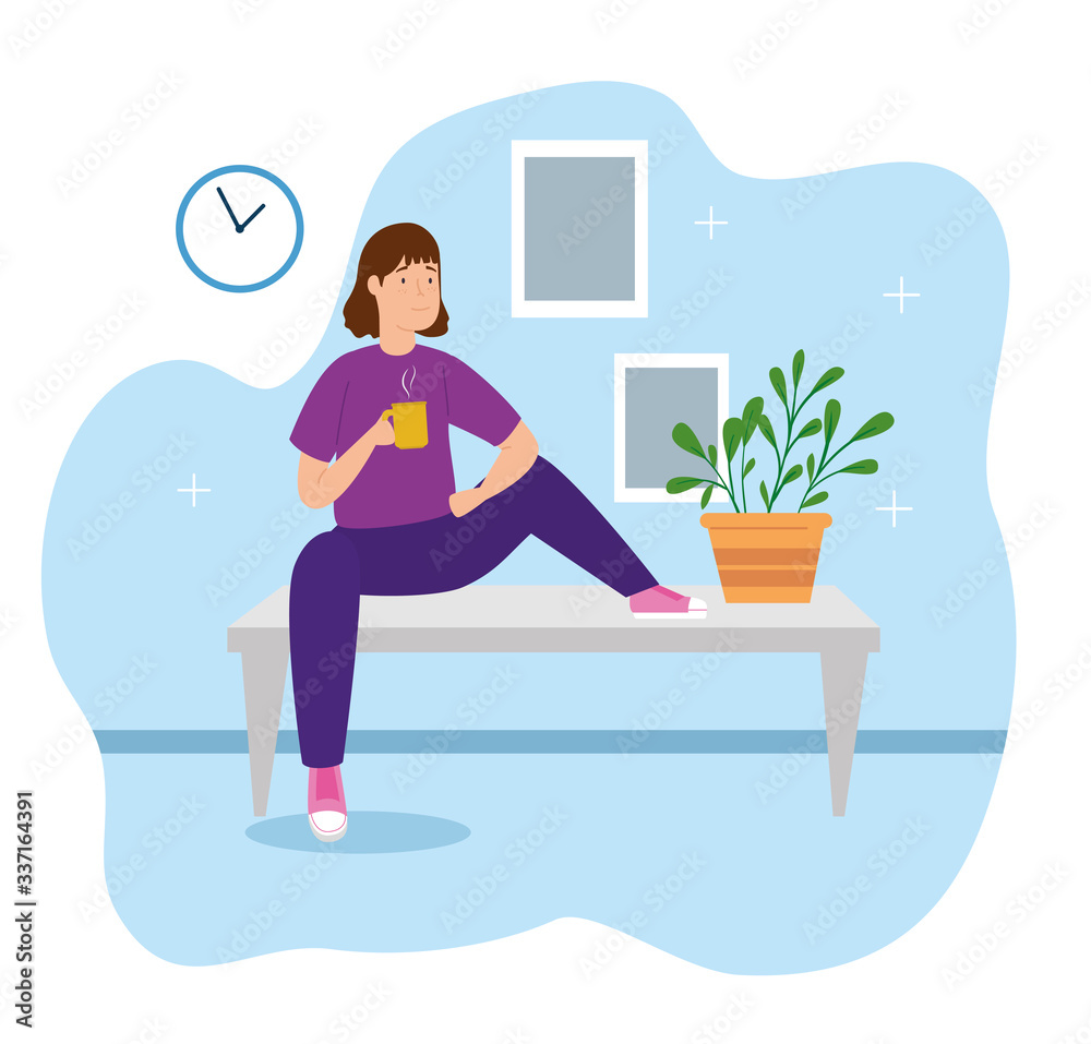campaign stay at home with woman drinking coffee vector illustration design