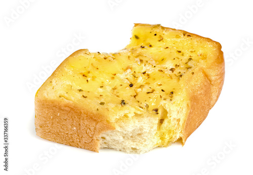 Bitten Garlic Bread with Cheese isolated on white background