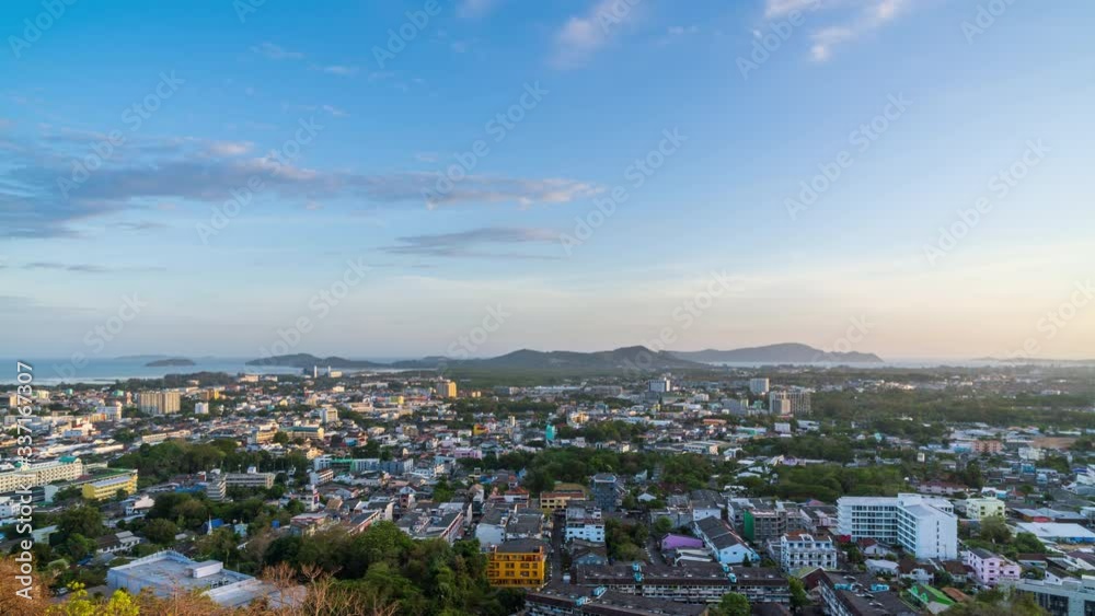 Phuket city aerial scenic view from Khao Rang Hill Park, during sunset twilight; day to night - Time Lapse Phuket city aerial scenic view from Khao Rang Hill Park, during sunset twilight; day to night - Time Lapse