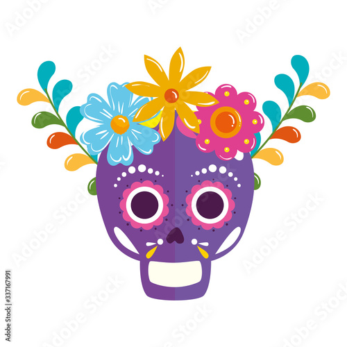 Fototapeta Naklejka Na Ścianę i Meble -  Mexican skull with flowers crown design, Mexico culture tourism landmark latin and party theme Vector illustration