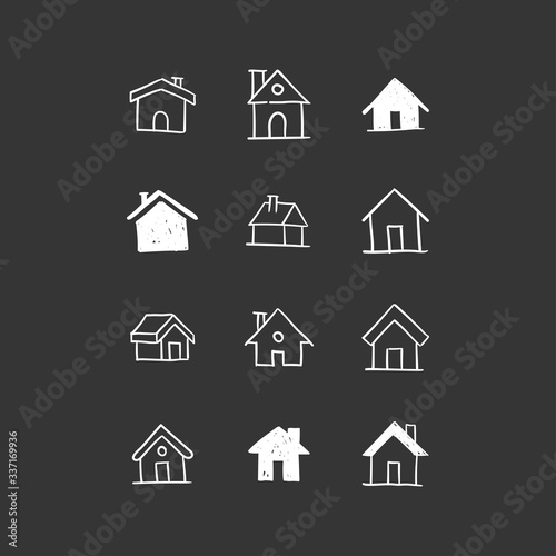 House doodle icons. Graphic design elements for stay at home campaign. Hand drawn illustrations.