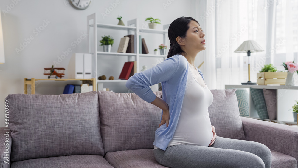Beautiful pregnant female having waist pain while sitting on couch in her cozy apartment. young future mom having back aches in the last trimester of pregnancy. frowning lady in maternity massage Beautiful pregnant female having waist pain while sitting on couch in her cozy apartment. young future mom having back aches in the last trimester of pregnancy. frowning lady in maternity massage