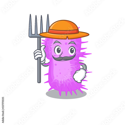 Cartoon character design of acinetobacter baumannii as a Farmer with hat and pitchfork