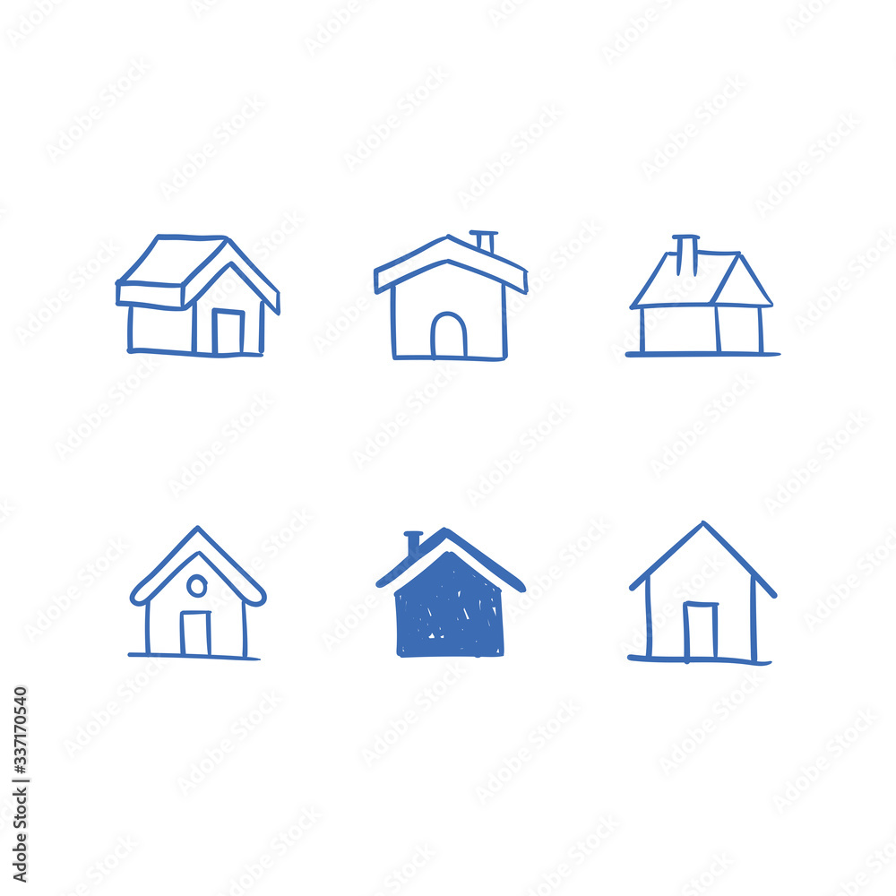 House doodle icons. Graphic design elements for stay at home campaign. Hand drawn illustrations.