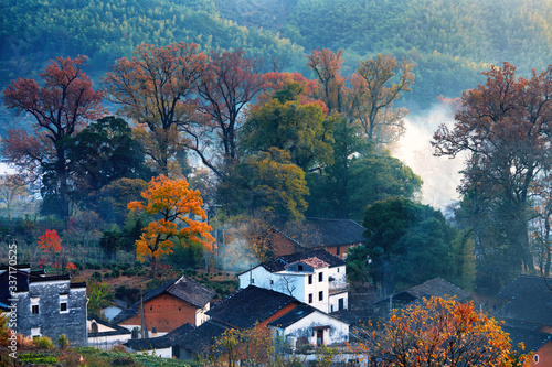 The morning fog on the dwellings of Anhui buildings in Wuyuan county Jiangxi province, China. photo