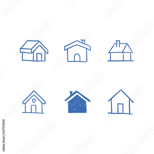 House doodle icons. Graphic design elements for stay at home campaign. Hand drawn illustrations.
