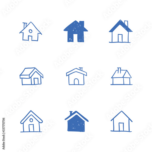 House doodle icons. Graphic design elements for stay at home campaign. Hand drawn illustrations.
