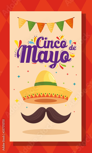 Mexican hat and mustache design  Cinco de mayo mexico culture tourism landmark latin and party theme Vector illustration