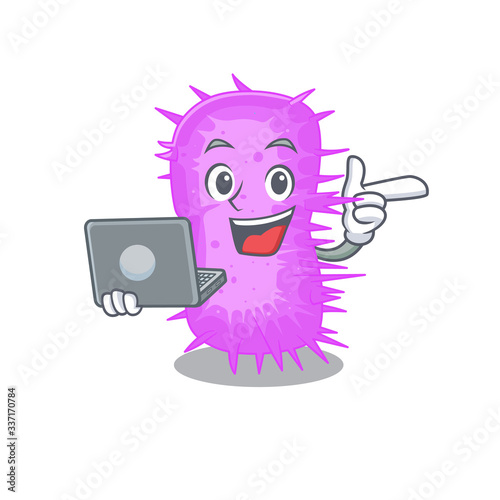 Cartoon character of acinetobacter baumannii clever student studying with a laptop